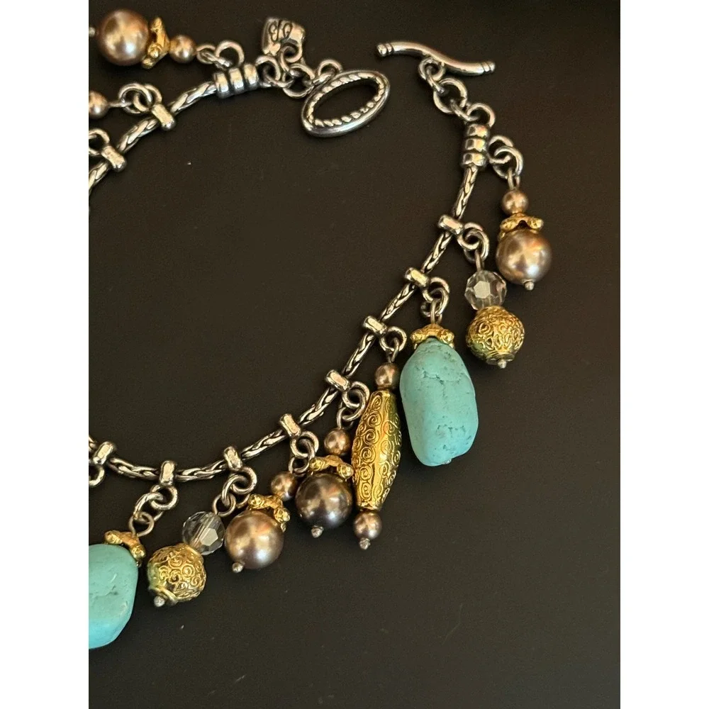Brighton Turquoise Pearl Mixed Metal Charm Bracelet Silver Gold Tone 7.25